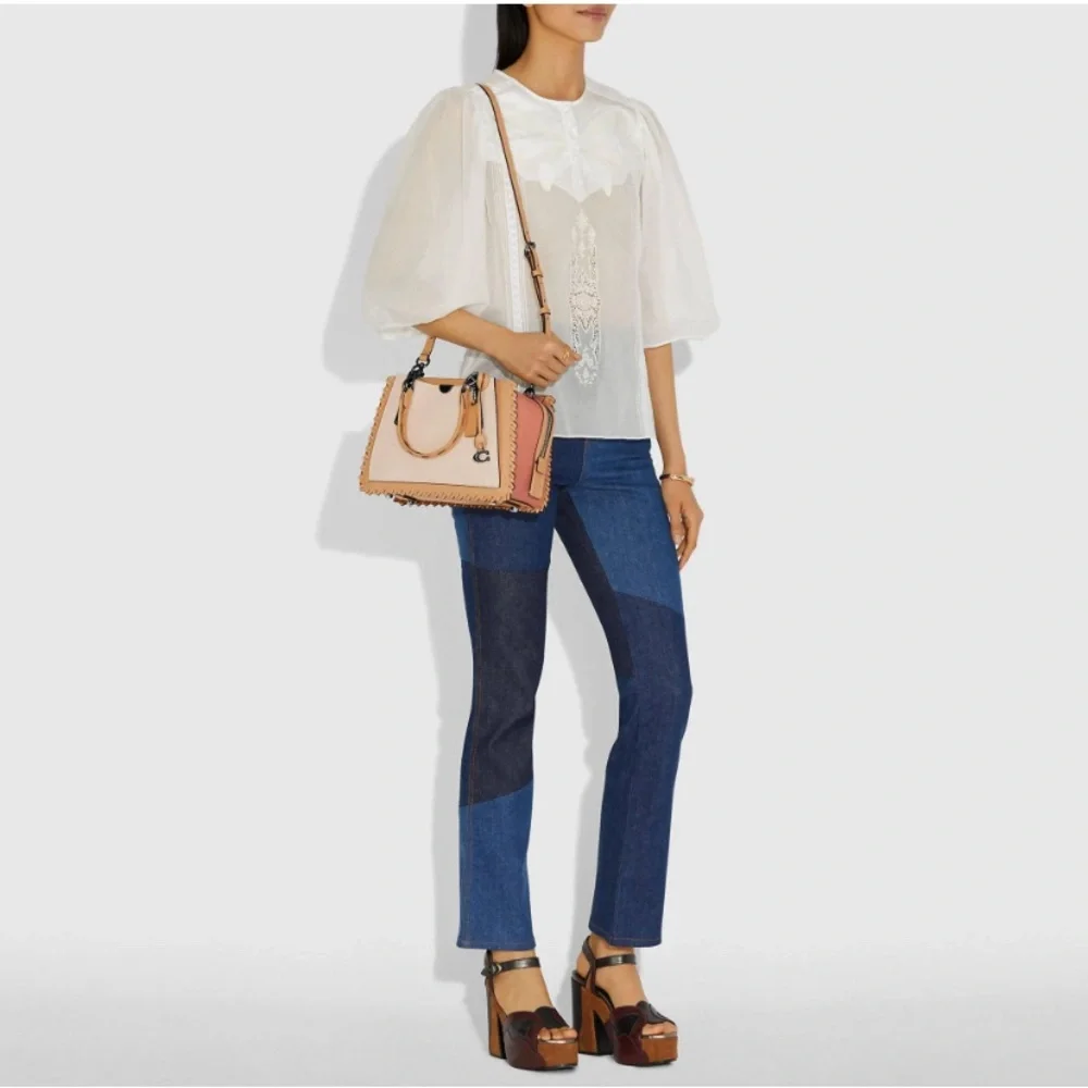 Coach Two-Tone Leather Tote in Cream and Pink with Tan Trim